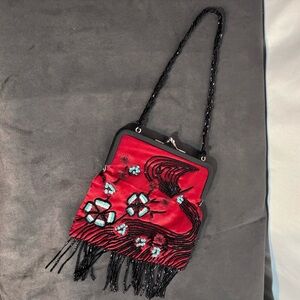 KAREN MILLEN Red Satin Beaded Coin Closure Women's Mini Fringed Bag